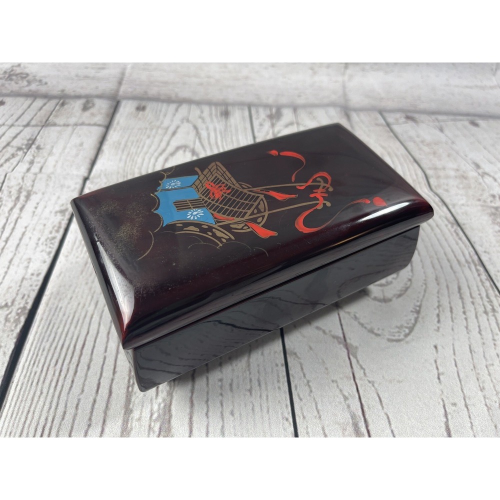Vtg Music Jewelry Box Red Lacquer Japanese Cart Sankyo Japan Musical Hinged Lid